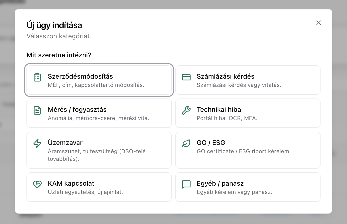 Új ügy indítása — 8 ügytípus választható kategória-modal