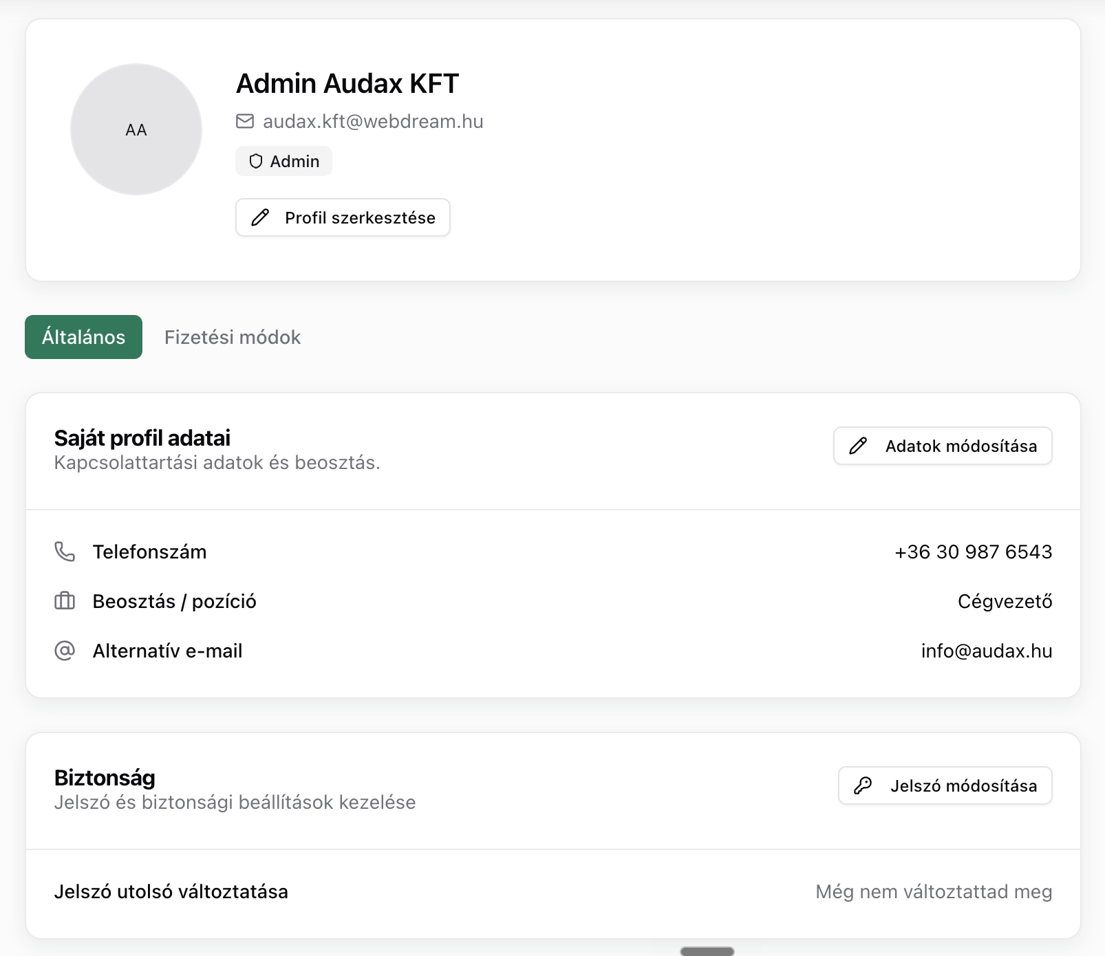 Profil + preferenciák — felhasználói adatok és biztonsági beállítások